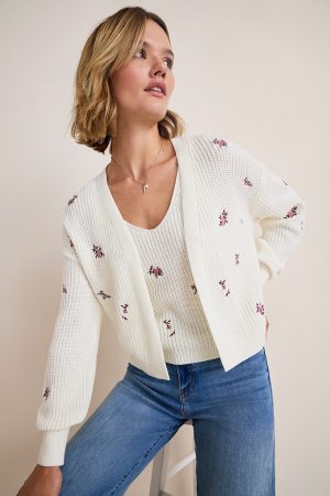 Carol Floral Embroidered Tank and Cardigan Set