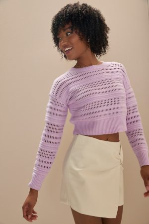 Clarissa Crewneck Pointelle Crop Pullover Lavender