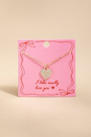 I Like Really Love You Pave Heart Pendant Necklace