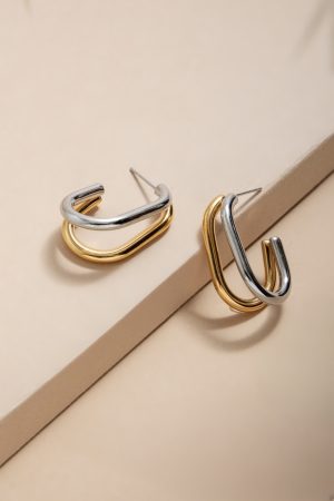 Sophia Stainless Steel Two Tone Oval Hoop Earrings