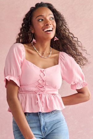 Marisa Lace Up Front Short Sleeve Blouse Top