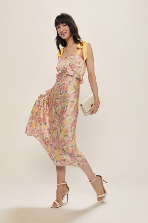 Hannah Satin Floral Midi Dress