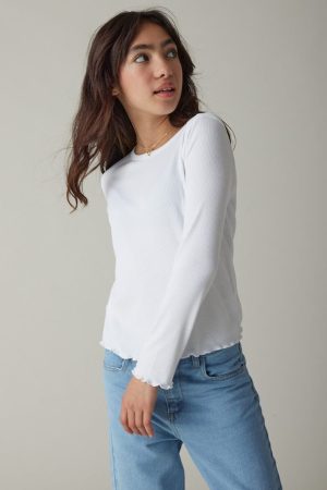 Hello Franki Everly Long Sleeve Lettuce Edge T-Shirt for girls White