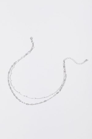 Melissa Layered Chain Link And Pearl Station Silver Necklace