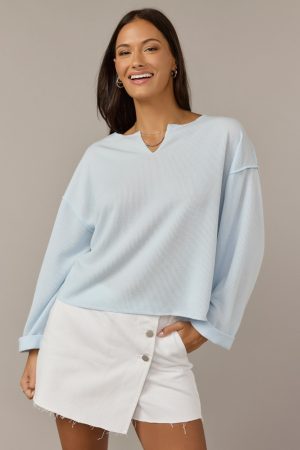 Claire Slouchy Fit Notch Neck Long Sleeve Top Light Blue