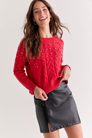 Beverly Pearl Embellished Cable Pullover Sweater Red
